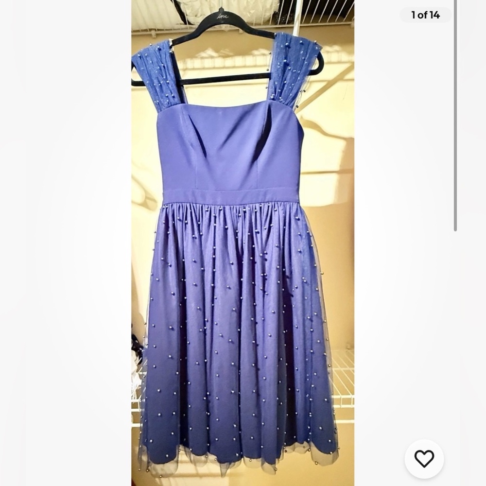 Gal Meets Glam Collection Navy Fit Flare Embellish Pearl Bead Mesh Dress Size 00